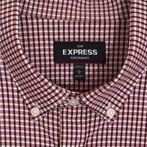 Men’s “Express” Burgundy Gingham Casual Fitted Shirt. Large, 16-16 1/2 Neck